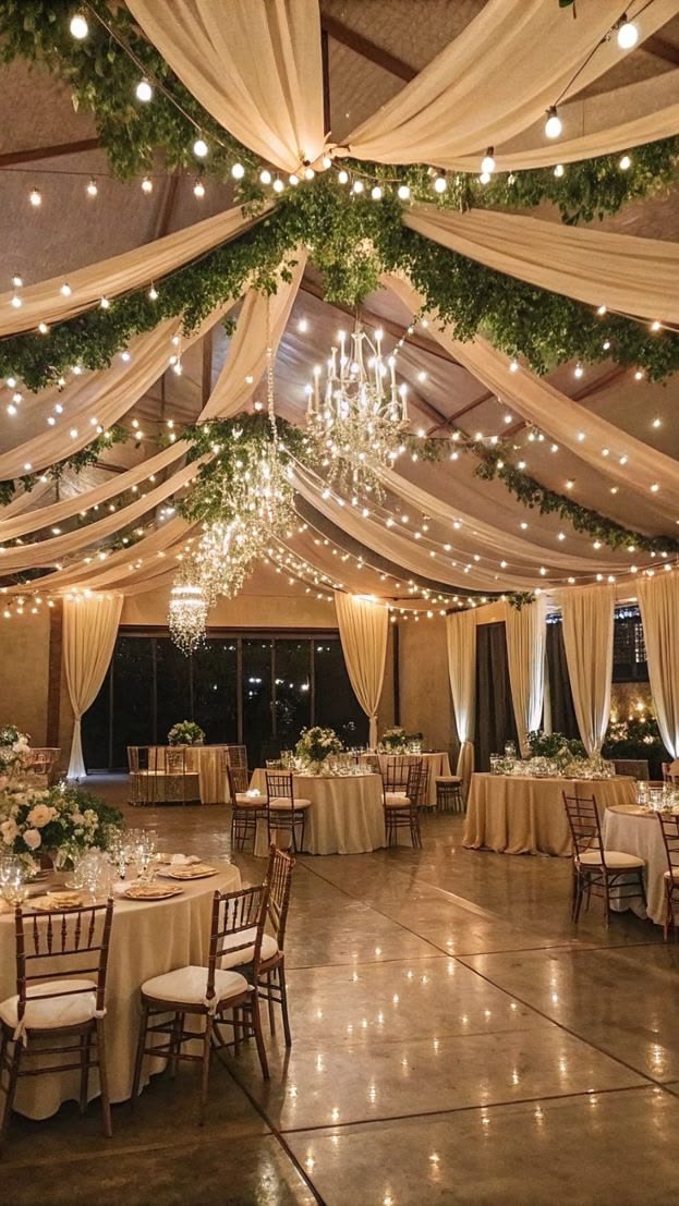 Salle de réception sous des voilages, guirlandes lumineuses et lustres en cristal